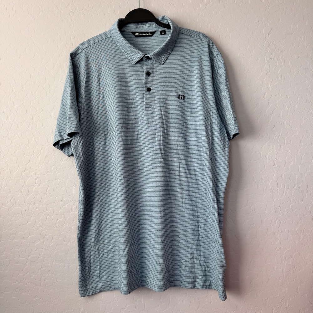 Travis Mathew Mens XXL Polo Shirt Blue Stripe Golf Short Sleeve Casual